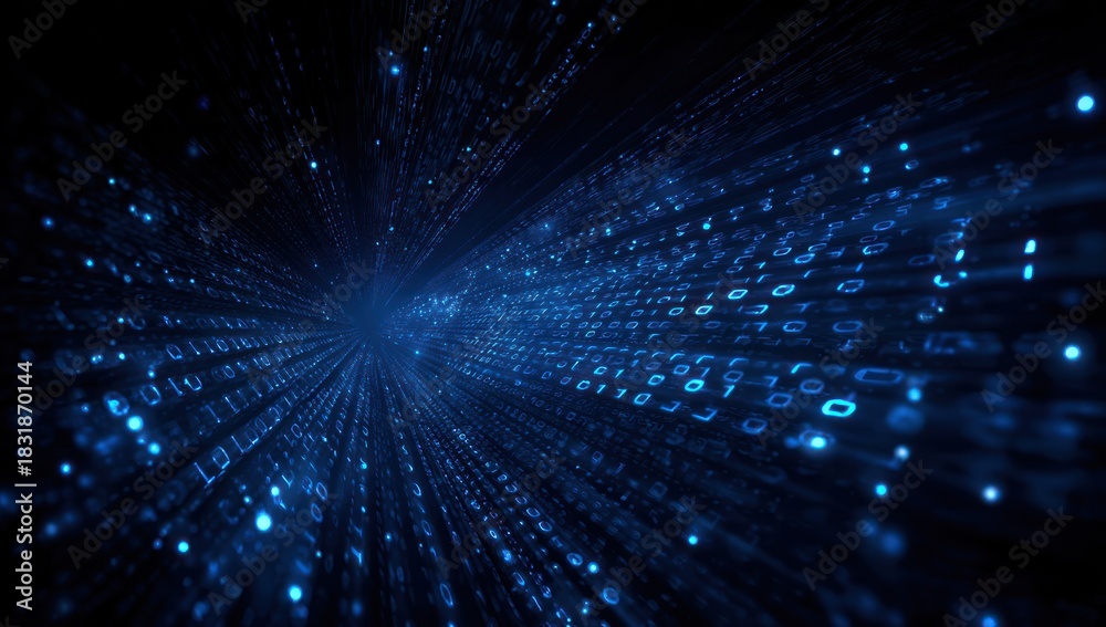 Fototapeta premium Abstract blue binary code streams into a dark digital tunnel