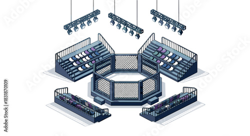 Isometric mma arena with seating and overhead lighting for sporting events