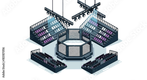 Isometric fight arena with elevated seating and overhead lighting