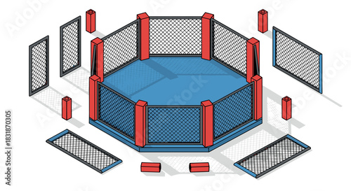 Isometric mixed martial arts cage with red and blue setup on white background