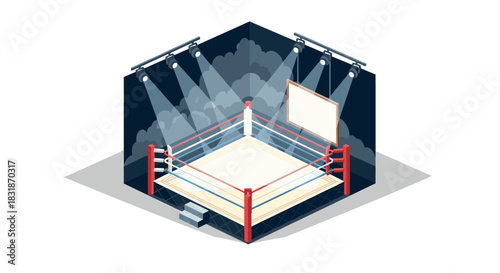 Isometric boxing ring with spotlights in an empty arena setting