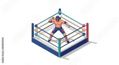 Colorful isometric luchador in wrestling ring ready for action