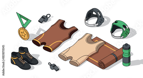 Isometric wrestling gear set with medal and equipment on white background