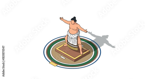 Isometric sumo wrestler on circular platform with shadow on white background