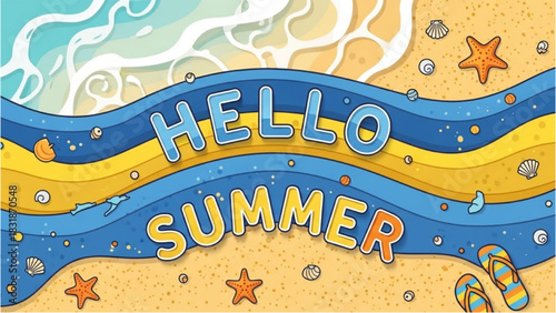 Hello Summer Beach Scene with Starfish and Waves Illustration