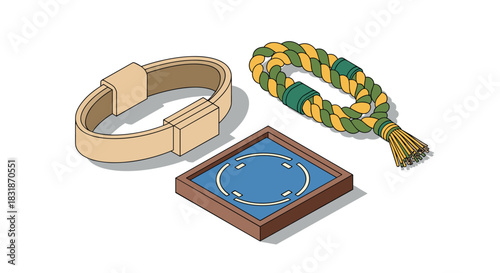 Traditional japanese crafts with shimenawa rope, tatami mat, and humidifier