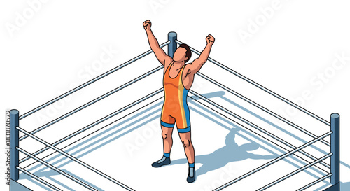 Triumphant wrestler celebrating victory in a wrestling ring illustration