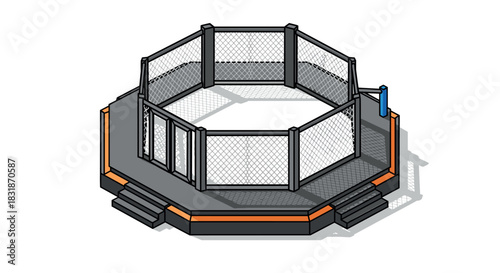 Isometric octagonal cage arena with mesh fence and steps