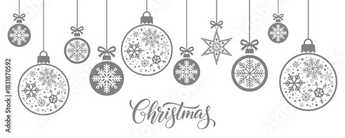 Elegant Christmas background with hanging grey baubles and star ornaments filled with snowflakes on white, minimalist winter holiday greeting card or web banner design for seasonal celebrations and de