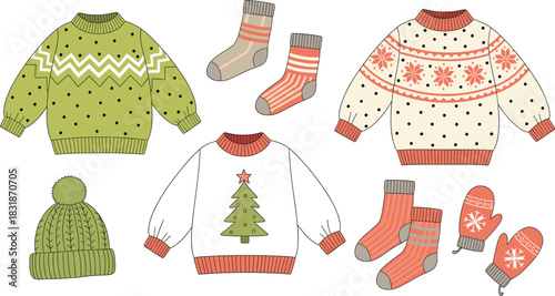 A vector set of cozy Christmas and winter apparel, including patterned knit sweaters, warm socks, a festive beanie, and snowflake mittens, perfect for cold weather designs