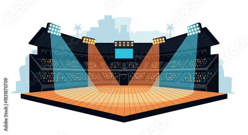 Modern indoor arena with bright spotlights and audience seating