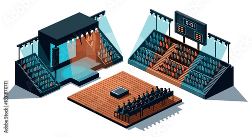 Isometric concert hall with stage, audience, and lighting