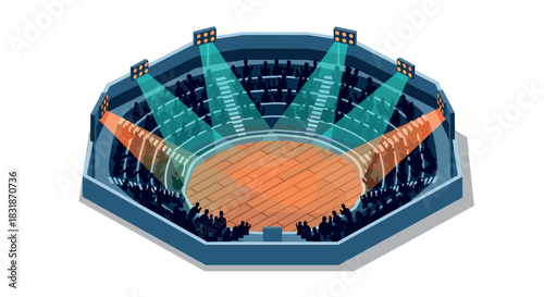 Isometric empty wrestling arena with colorful stage lights and spectators