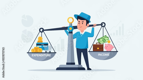 Cartoon illustration of an Entrepreneur balancing income and expenditure on scales. Concept for financial planning, budget management and money management
