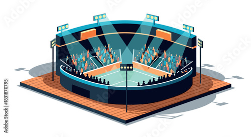 Isometric basketball stadium with crowd and bright lights in 3d style