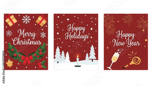 Joyful Christmas, Happy Holidays, and Prosperous New Year Celebration Greeting Cards Set
