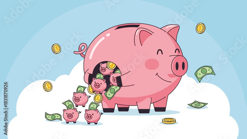 Cartoon style illustration of a pink piggy bank with smaller piggies, coins and banknotes. Concept for finance management, saving money and investment planning