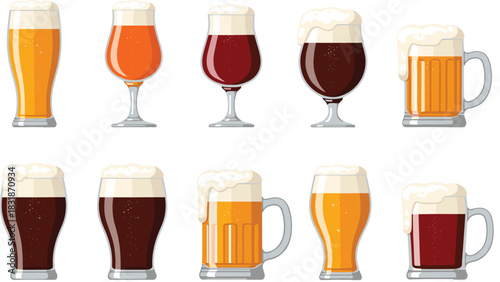 A vector set of ten diverse beer glasses and mugs, featuring light lagers, amber ales, and dark stouts with foamy heads, perfect for bar menus, pubs, and beverage designs