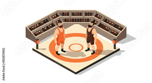 Isometric wrestling scene with two athletes in sports arena