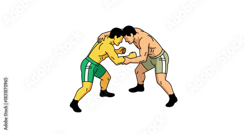 Colorful cartoon wrestling match depiction: two athletes competing in sportswear