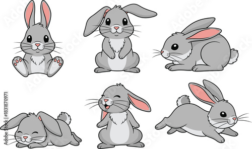 A vector set of six adorable gray rabbits in various poses, including sitting, running, and sleeping, representing cute cartoon pets, Easter, and springtime animal designs
