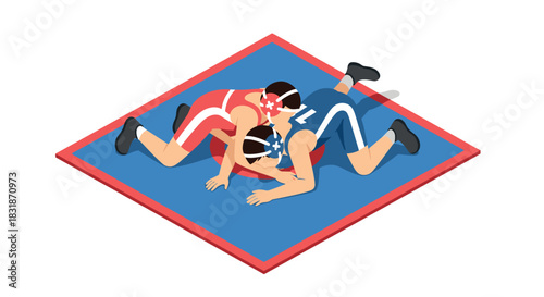 Isometric style wrestling match with two athletes grappling on mat