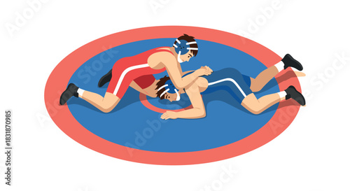 Dynamic wrestling match in a flat design style on a colorful mat