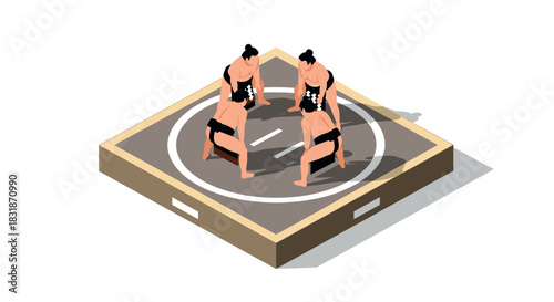 Isometric sumo wrestlers sparring in traditional ring
