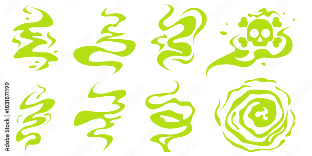 Fototapeta premium Green toxic gas clouds as bad smell icons. Bad odor fumes and stink bubbles in flat vector style for comic illustrations and designs isolated on a white background.