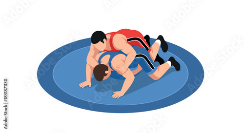 Isometric wrestlers grappling on mat in competition