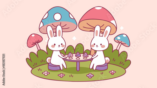 Two adorable white bunnies sitting at a small table under whimsical polka dot mushrooms in a magical forest clearing with sparkling accents