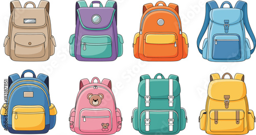 A vector collection of eight colorful and diverse school backpacks, suitable for students, travel, hiking, and daily use, featuring various pockets, straps, and cartoon designs
