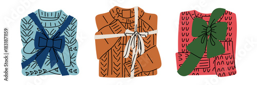 set of folded knitted sweaters, tied with festive ribbons, bows, is presented as gift. Flat color illustration for holiday shopping guides, seasonal promotions, clothing gift ideas, cozy fashion blogs