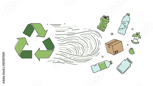 Illustration of recycling symbol with arrow effect and mixed waste items around. Concept for environmental awareness, waste management and sustainable living