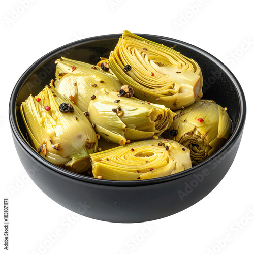 Zesty marinated artichoke hearts in herbs and oil, presented in a dark bowl as a flavorful mediterranean antipasto appetizer