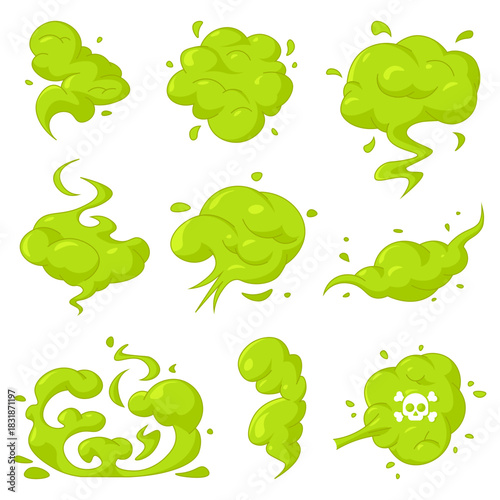 Green stink clouds and toxic fumes in flat style. Vector icons of disgusting odor, poison mist and comic vapor effects isolated on a white background for humorous design projects.