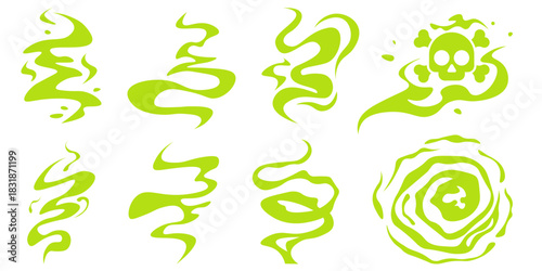 Green toxic gas clouds as bad smell icons. Bad odor fumes and stink bubbles in flat vector style for comic illustrations and designs isolated on a white background.