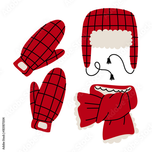 set of handmade red winter accessories with a plaid pattern made of fabric and fur. flat color illustration. A trapper hat with fur trim and ties, a warm scarf with a fur lining, and matching mittens