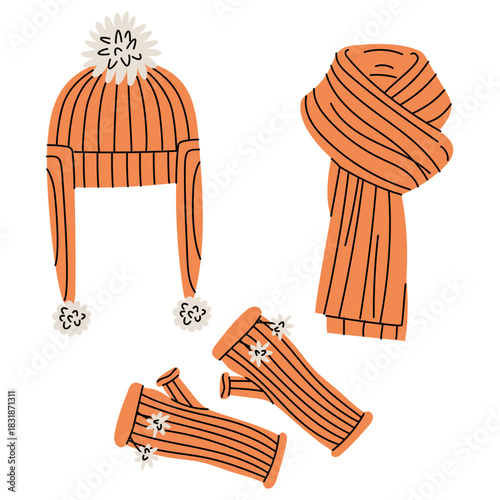 A set of handmade orange knitted winter accessories. A flat color illustration. A trapper hat with pompoms and long ears, a ribbed scarf, and elongated fingerless gloves in tone