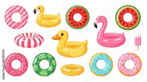 Collection of inflatable pool floats in fun shapes like donuts and animals for summer fun