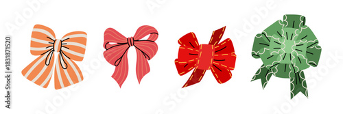 set of flat, colorful, handmade striped bows and ribbons. Double, triple, fluffy bows, top view. Thin, wide strip, stitching, fringe. Perfect for wrapping gifts or decorating