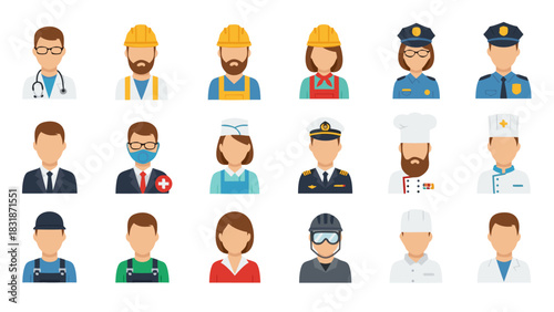 Diverse set of professional avatars depicting various careers and occupations, ideal for representing a workforce or service industry