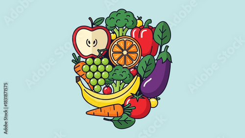 Illustration of colorful fresh fruits and vegetables arrangement on bright background. Concept for healthy eating habits, organic agriculture, and balanced diet