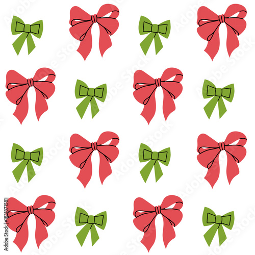 Pattern with pink and green variety of ribbon bows. Seamless symmetrical holiday texture. Flat colored texture. Decorative, stylish for wrapping Christmas gifts, decorating textiles or holiday paper
