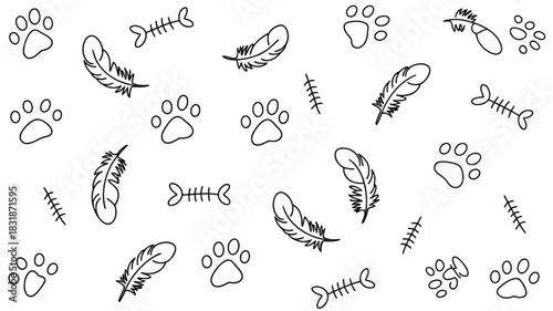 Playful black and white outline pattern featuring cat paw prints fish bones and feathers