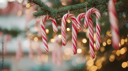 Christmas tree with a bunch of red and white candy canes hanging from it. The candy canes are arranged in a way that they look like they are hanging from the branches of the tree