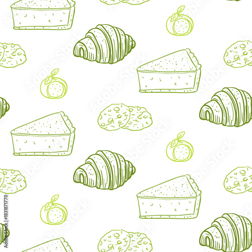 Seamless pattern with hand-drawn colored outline illustrations of matcha desserts. A slice of cheesecake, a croissant, a cookie, and a motti. Perfect for packaging food products or decorating cafes