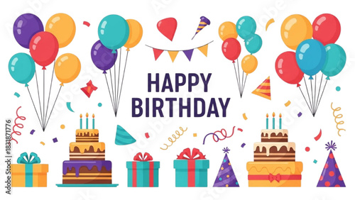 Colorful birthday party decorations including cakes, balloons, and gifts for celebrations