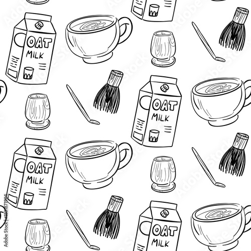 Seamless pattern with hand-drawn black outline illustrations of matcha preparation tools. A whisk, a bowl, a box of alternative milk, and a finished cup of matcha. Perfect for tea and cafe decoration.