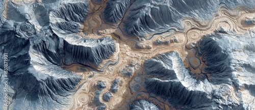 Abstract geological landscape with intricate swirling patterns